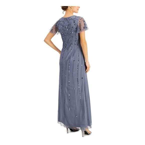 Papell Studio Women's Sz 10 Dusty Blue Flutter-Sleeve Embellished Long Gown $179 - Picture 11 of 11